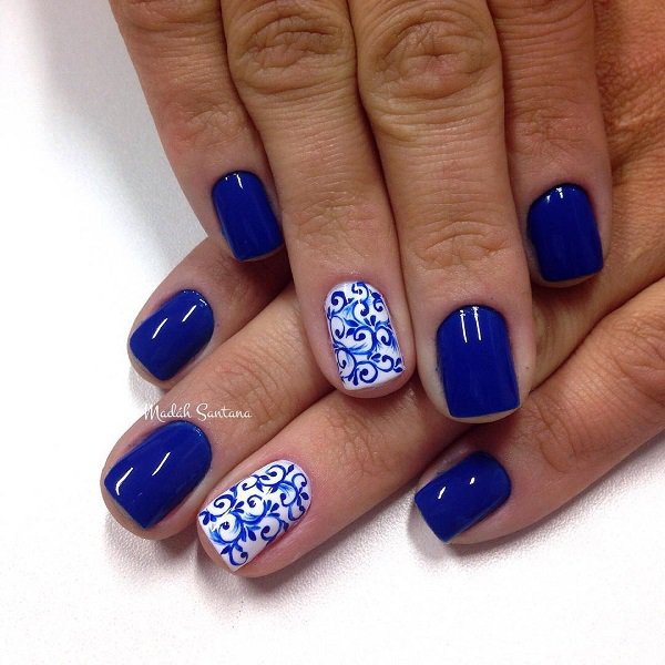 Royal Blue Flowers Design Nail Art