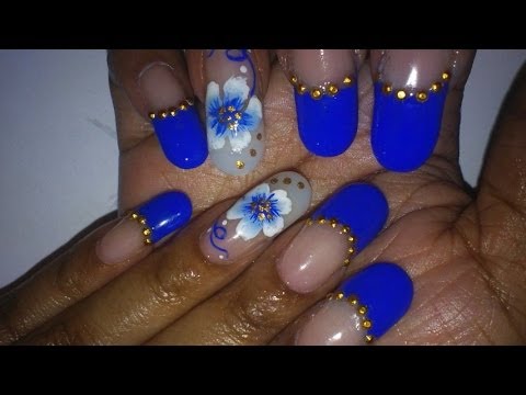 Royal Blue French Tip With Gold Studs And Flowers Design Nail Art