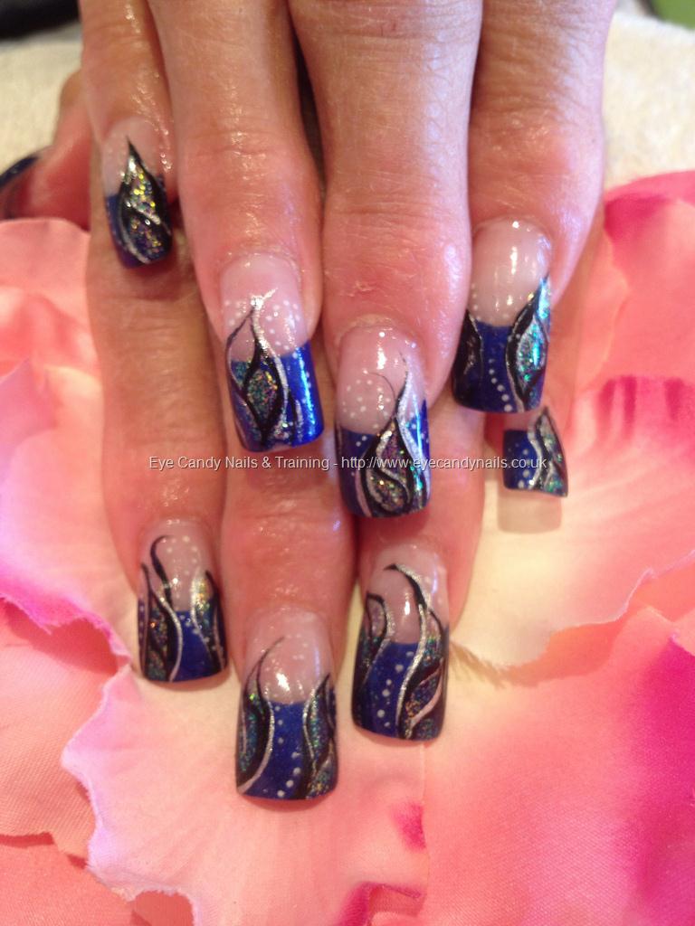 Royal Blue French Tip With Stripes Design Nail Art