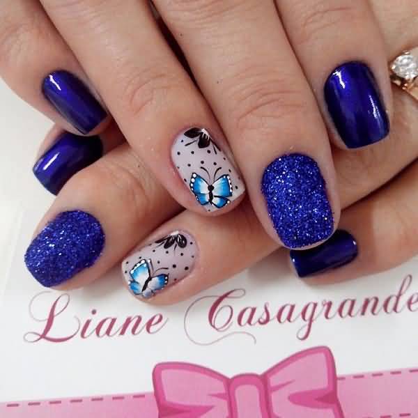 Royal Blue Glitter And Butterfly Nail Art Design Idea