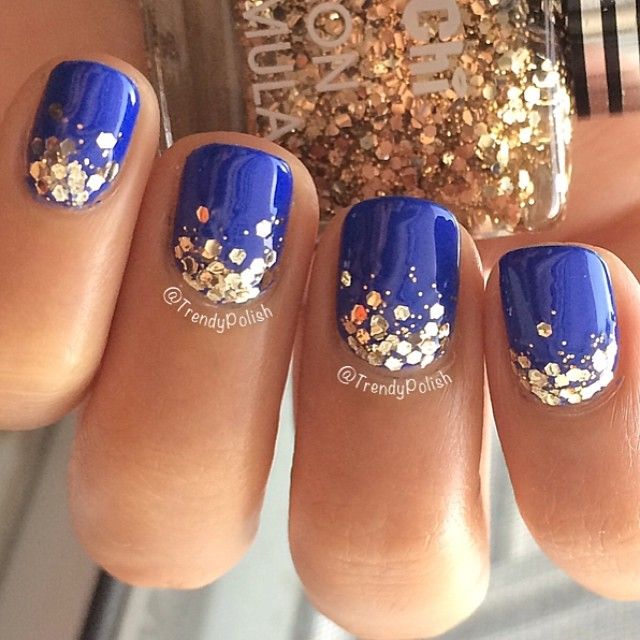 Royal Blue Glossy Nails With Gold Glitter Dots Design Idea