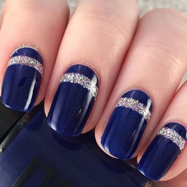 Royal Blue Glossy Nails With Silver Glitter Stripes Design
