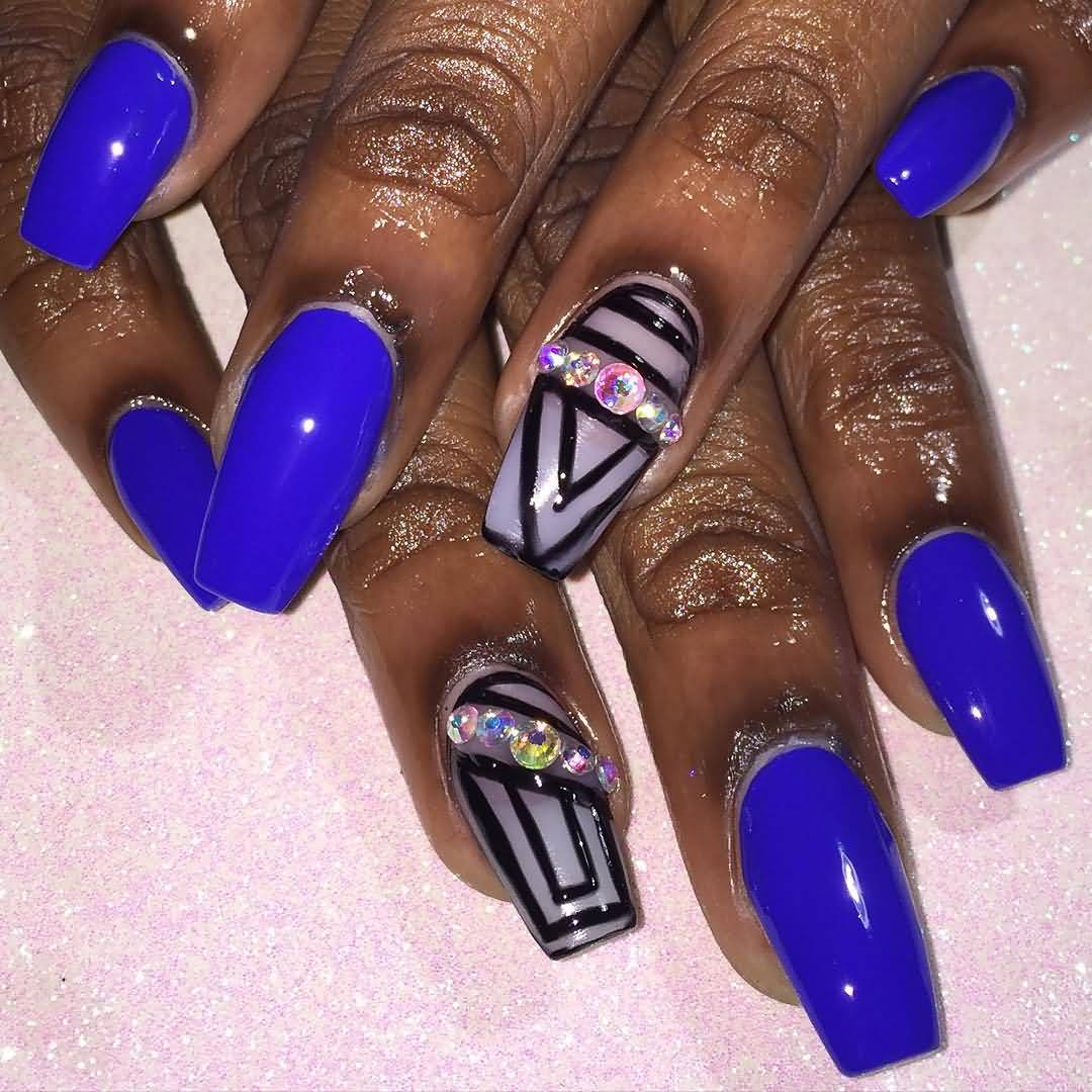 Royal Blue Nails With Accent Black Acrylic Stripes And Rhinestones Design Idea