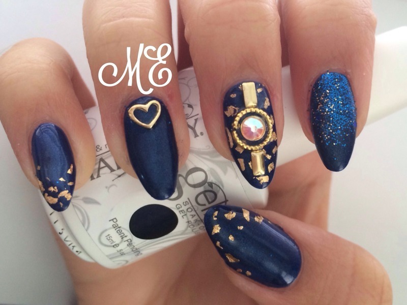Royal Blue Nails With Golden Heart And Pearl Design