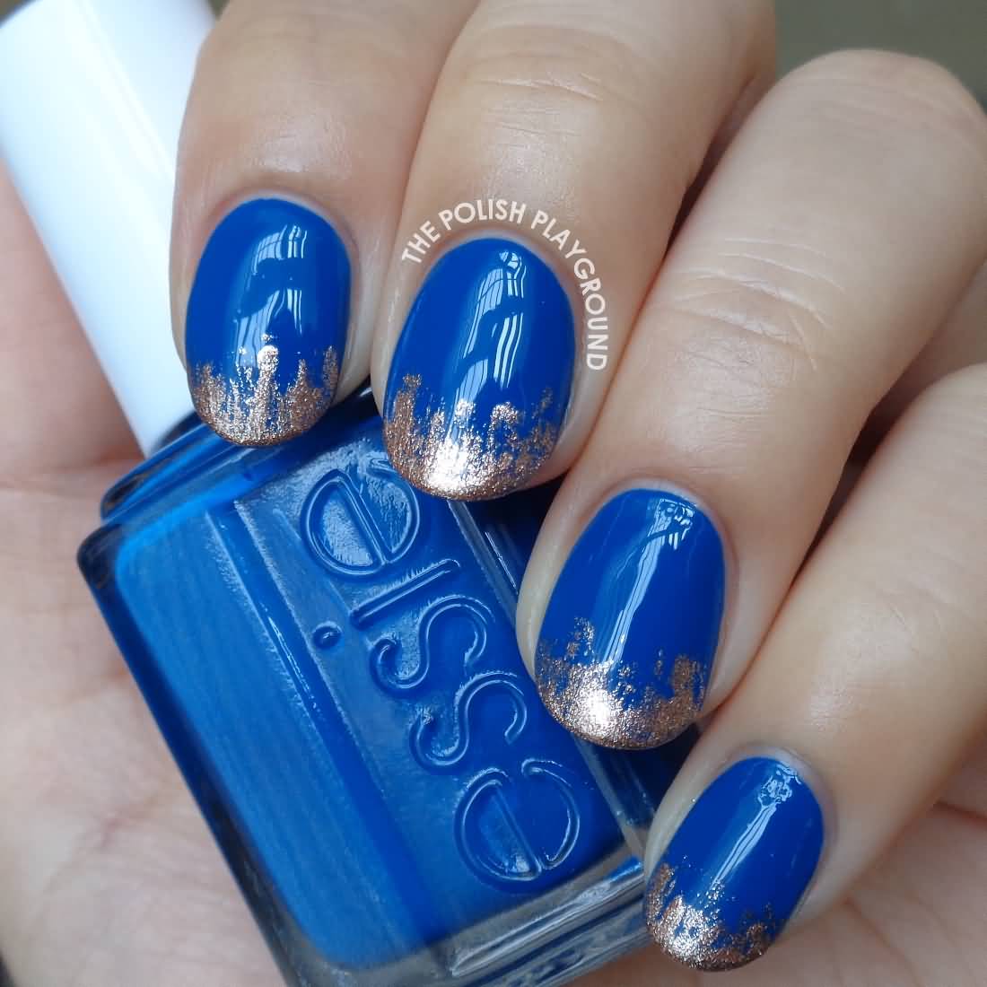 Royal Blue Nails With Rose Gold Tip Nail Art
