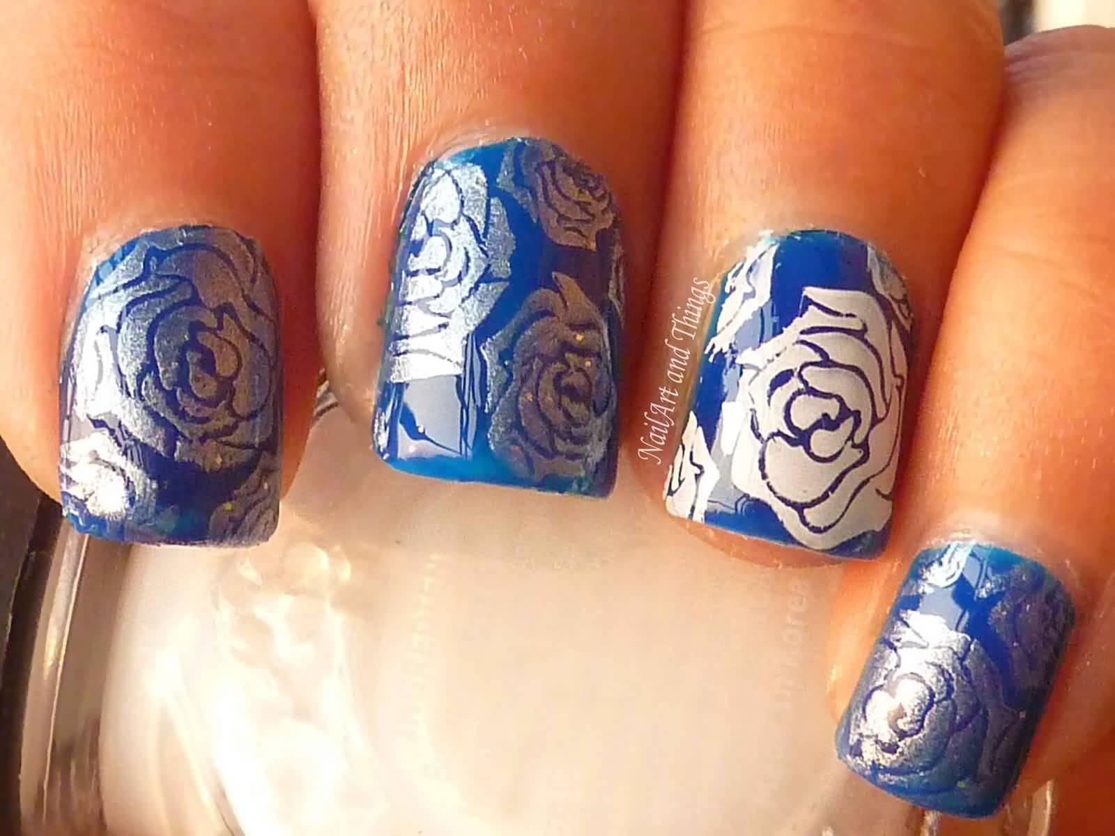 Royal Blue Nails With Silver Rose Flowers Stamping Nail Art