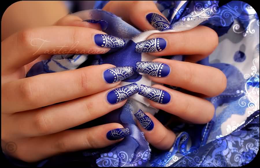 Royal Blue Nails With Silver Stamping Design Nail Art