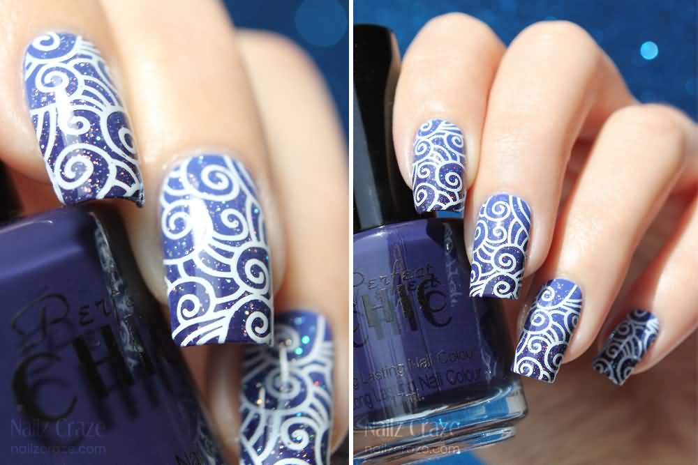 Royal Blue Nails With White Swirls Design