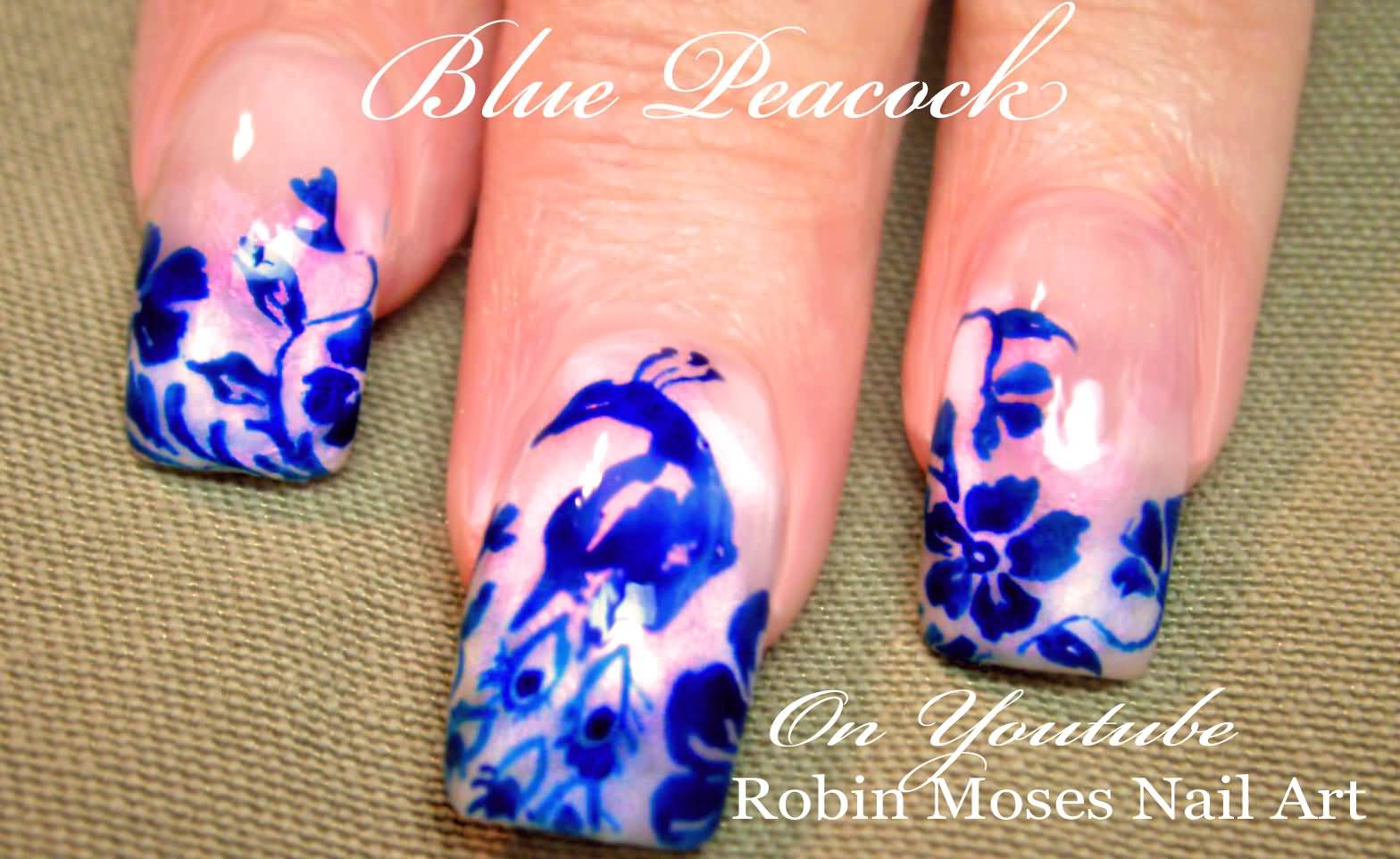 Royal Blue Peacock Design Nail Art