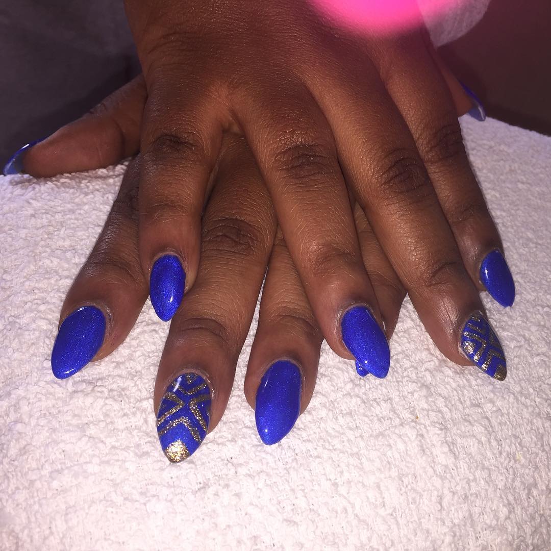 Royal Blue With Gold Glitter Design Nail Art