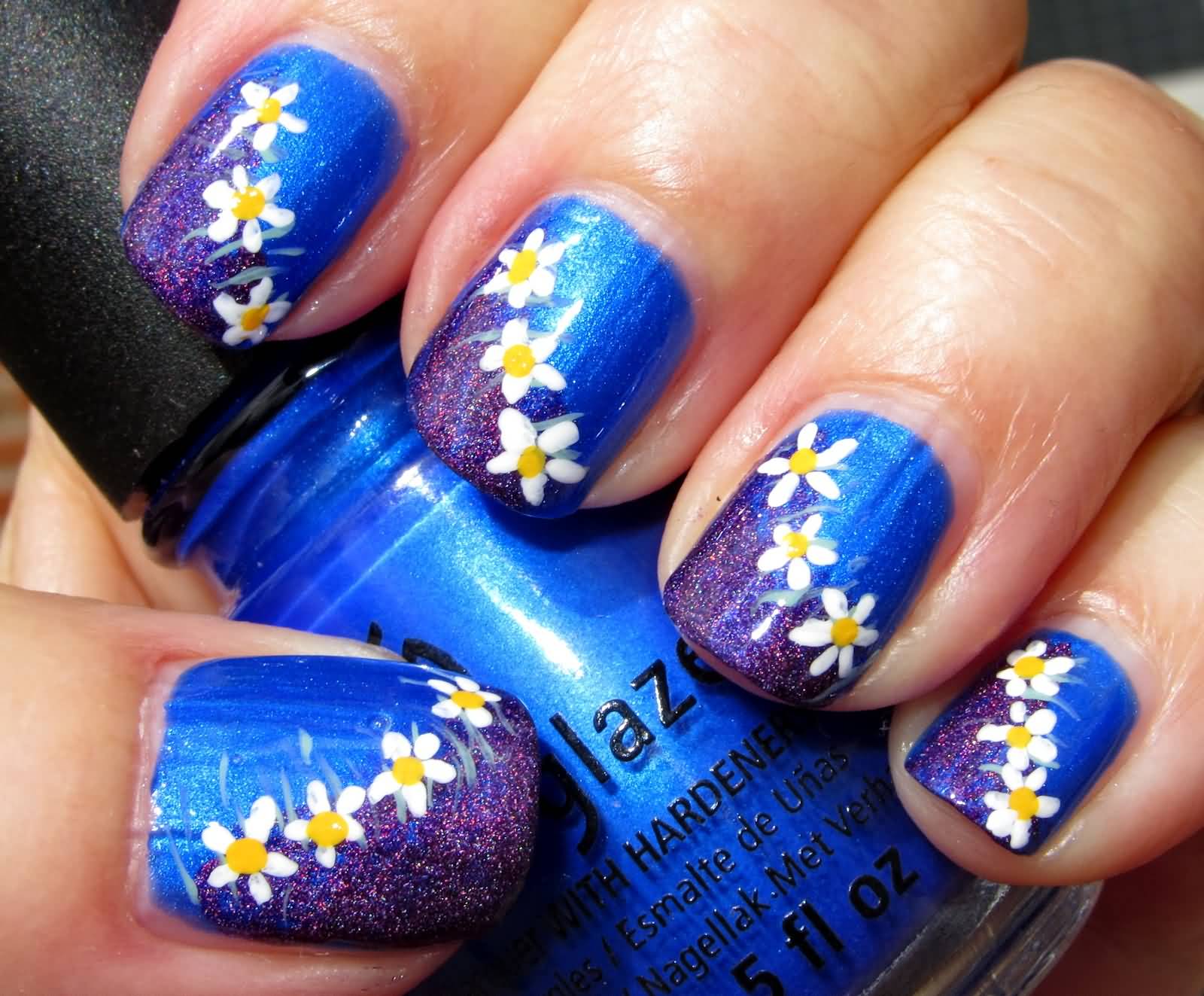 Royal Blue With Purple Glitter Tip And Daisy Flowers Nail Art