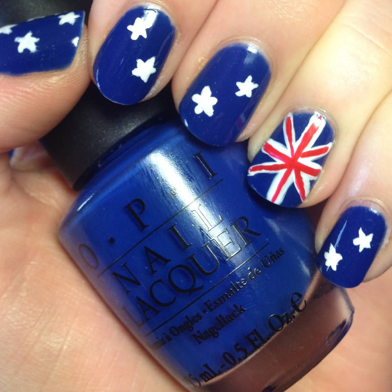 Royal Blue With White Stars And United Kingdom Flag Design Nail Art