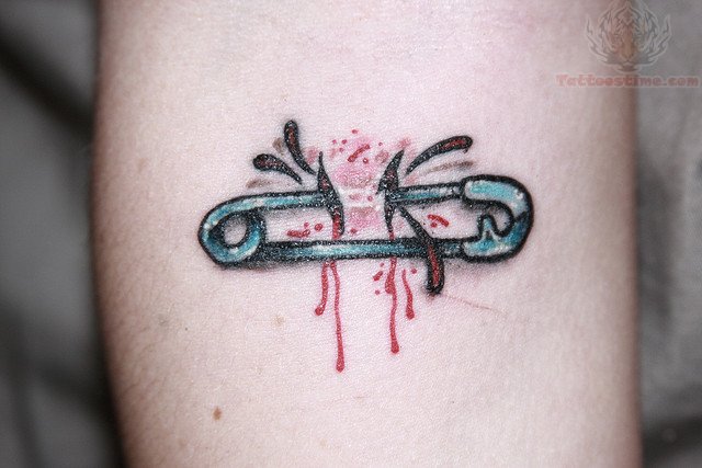 Safety Pin Ripped Skin And Blood Drops Tattoo