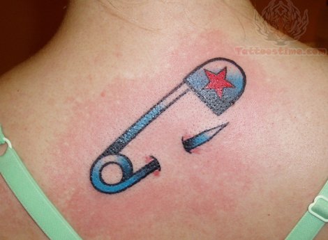Safety Pin Ripped Skin Tattoo On Nape