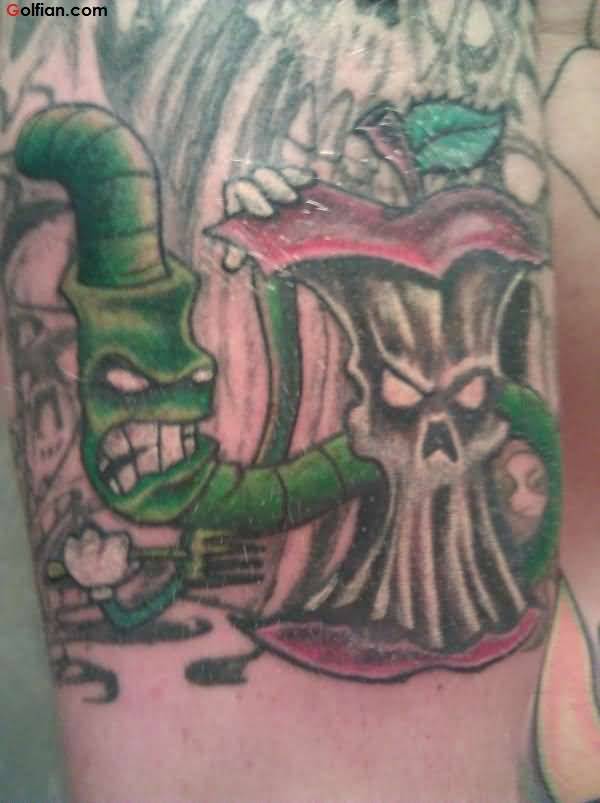 Scary Apple With Angry Worm Color Tattoo