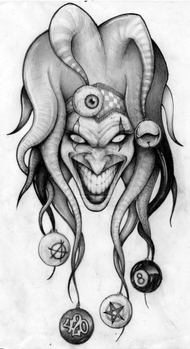 Scary Black And White Evil Jester Face With Balls On Cap Tattoo Design