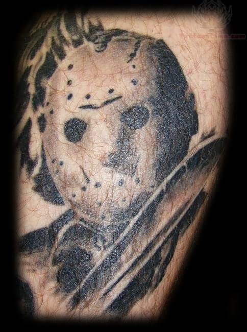 Scary Grey Ink Jason Holding Knife Tattoo