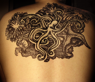Sea Creatures Tattoo On Upper Back By Jenserai
