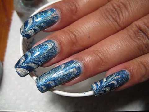 Silver And Blue Butterfly Wings Water Marble Nail Art