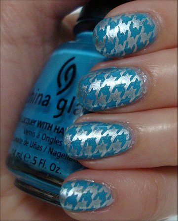 Silver And Blue Houndstooth Nail Art Design Idea