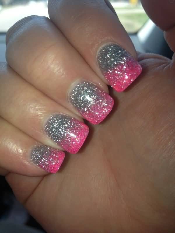 Silver And Pink Ombre Glitter Nail Art