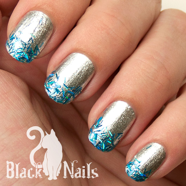 Silver Base Nails With Blue Sparkle Design Nail Art
