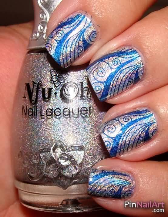Silver Base Nails With Blue Swirl Design Idea