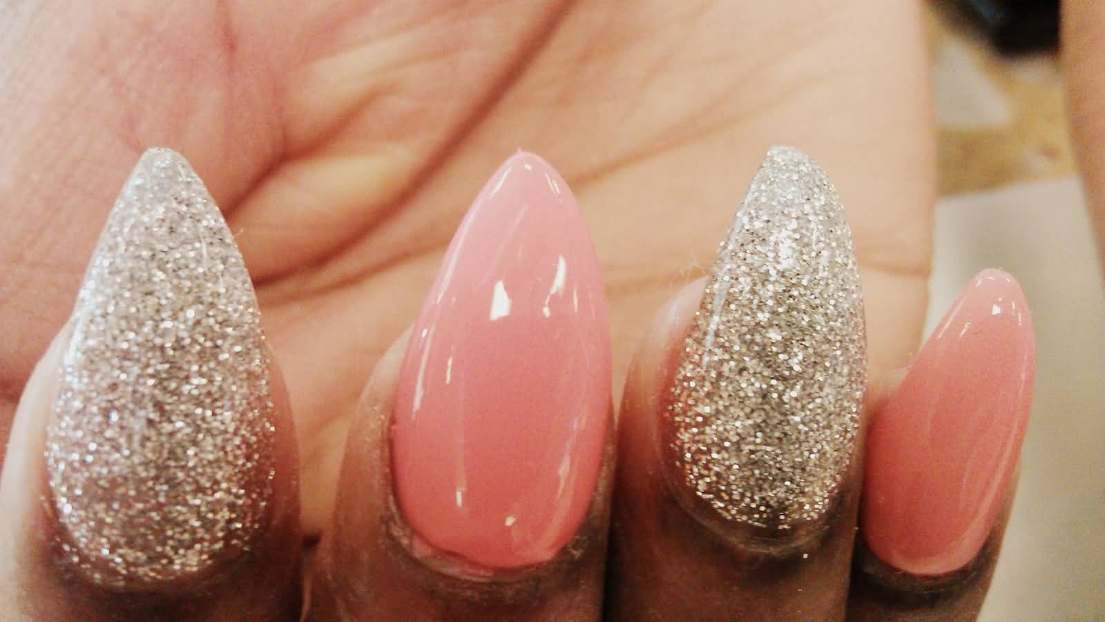 Silver Glitter And Baby Pink Gel Stiletto Nail Art