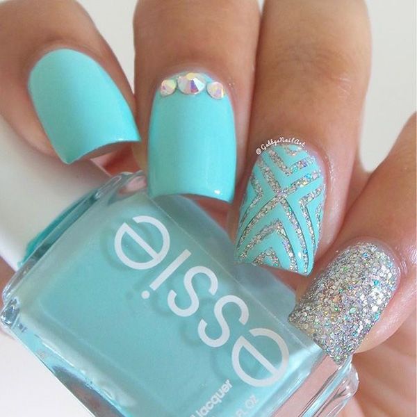 Silver Glitter And Sky Blue Nail Art With Rhinestones Design Nail Art