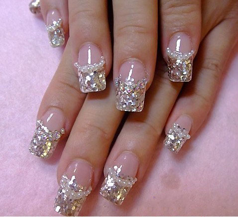 Silver Glitter French Tip Nail Art With Rhinestones Design
