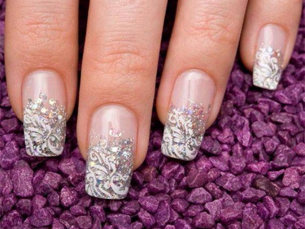 Silver Glitter French Tip With White Flowers Design