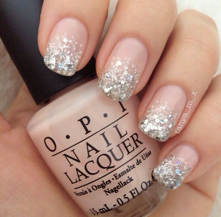 Silver Glitter Nail Art On Nude Nails