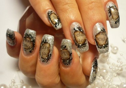 Silver Glitter Nail Art With Paper Design