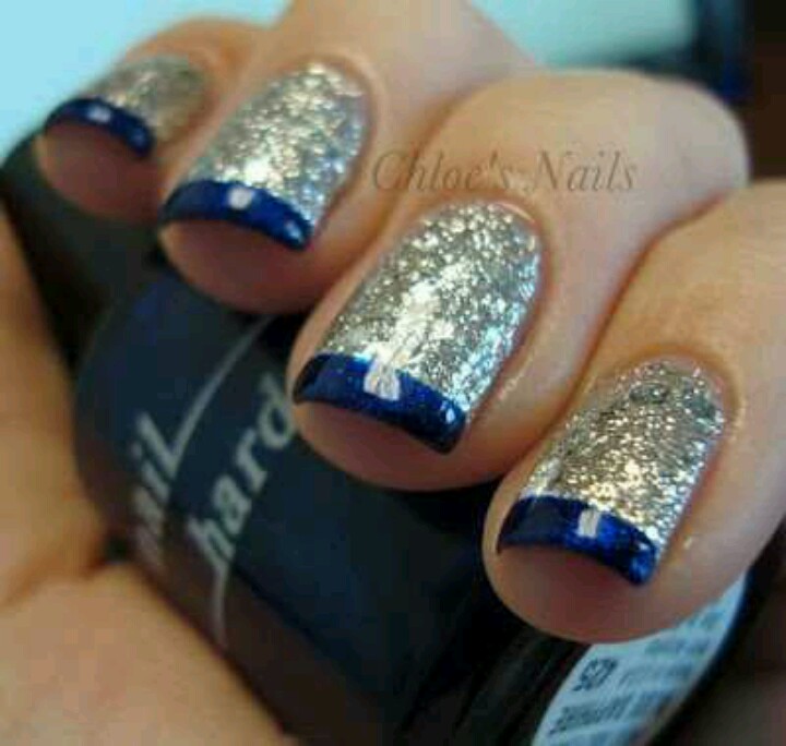 Silver Glitter Nails With Blue French Tip Nail Art