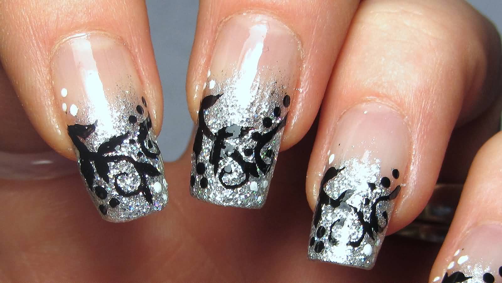 Silver Glitter Tip Nail Art With Black Lace Design