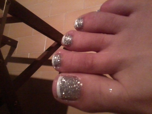 Silver Glitter Toes With White Tip Nail Design Idea