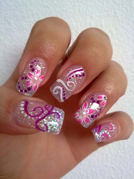 Silver Glitter With Pink Floral Nail Art Design Idea