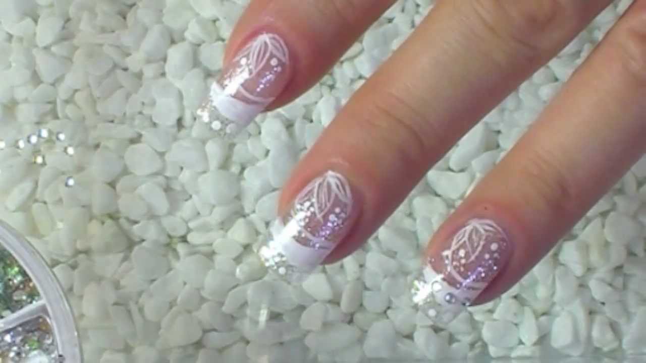 Silver Glitter With White Flowers Nail Design Idea