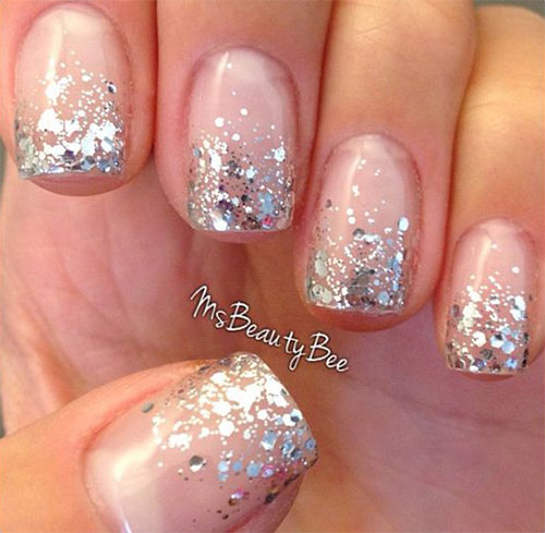 Silver Sparkle Glitter Nail Art On Nude Nails