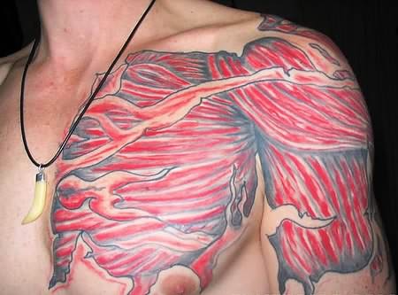 Simple 3D Shoulder And Chest Muscles Tattoo