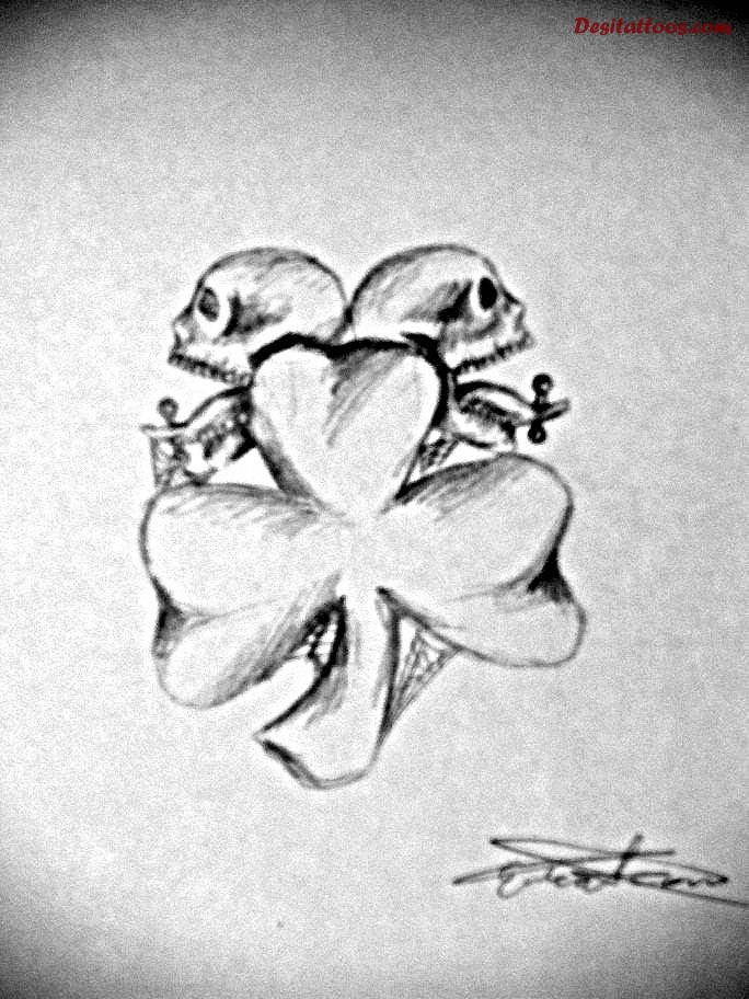 Simple Black And White Shamrock With Skulls Tattoo Design