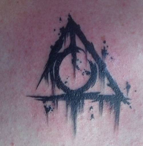 Simple Black Deathly Hallows Watercolor Tattoo