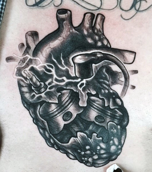 Simple Black Mechanical Engine Heart Tattoo