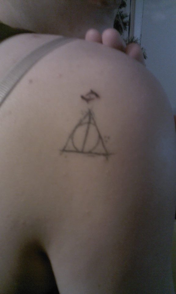 Simple Deathly Hallows Back Shoulder Tattoo By SirenAspen