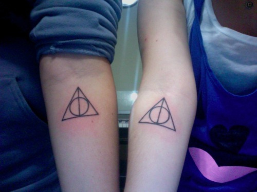 Simple Hallows Matching Tattoos On Forearms