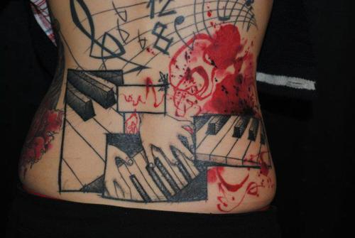 Simple Hands Playing Piano Keys Tattoo On Back
