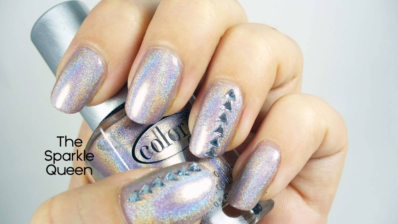 Simple Hologram Nail Art With Silver Studs Design Idea