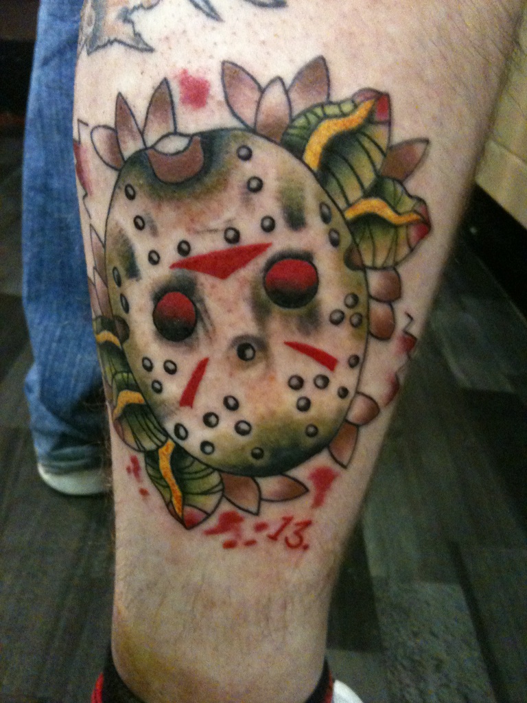 Simple Jason Mask Traditional Tattoo On Leg
