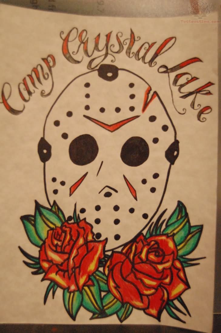 Simple Jason Mask With Lettering Traditional Tattoo Design