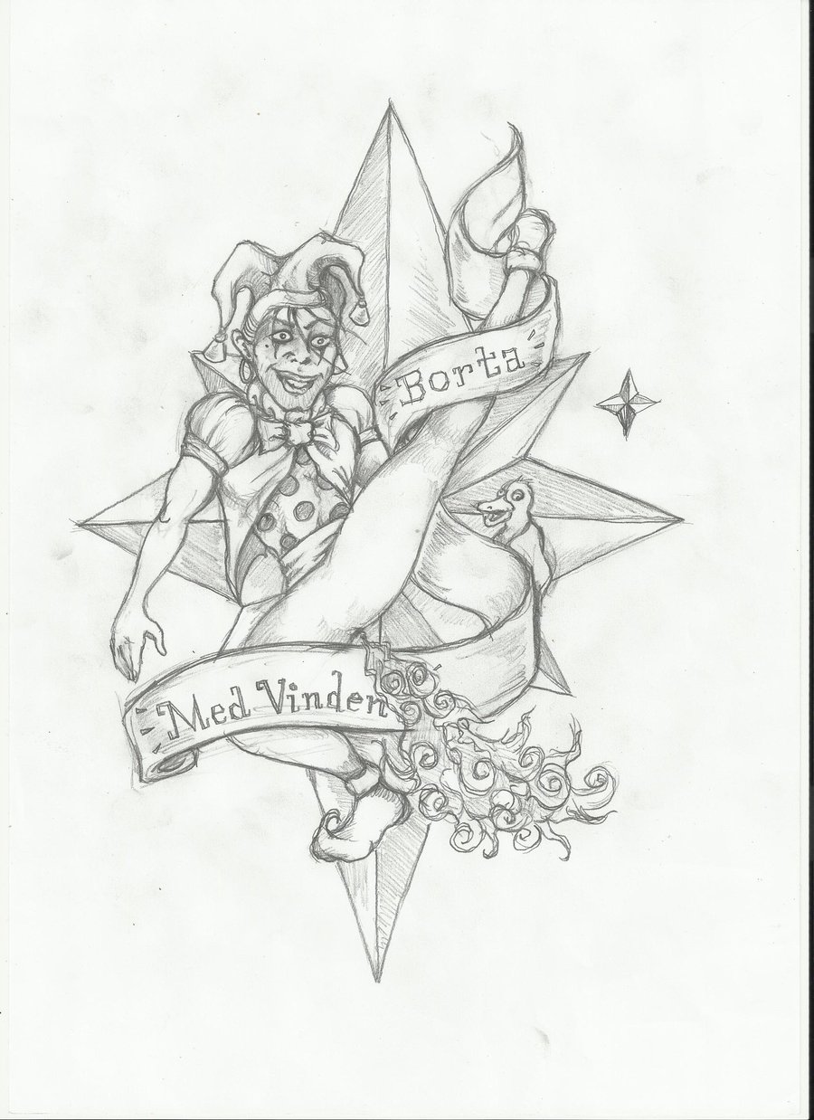 Simple Jester With Star And Lettering On Banner Tattoo Design